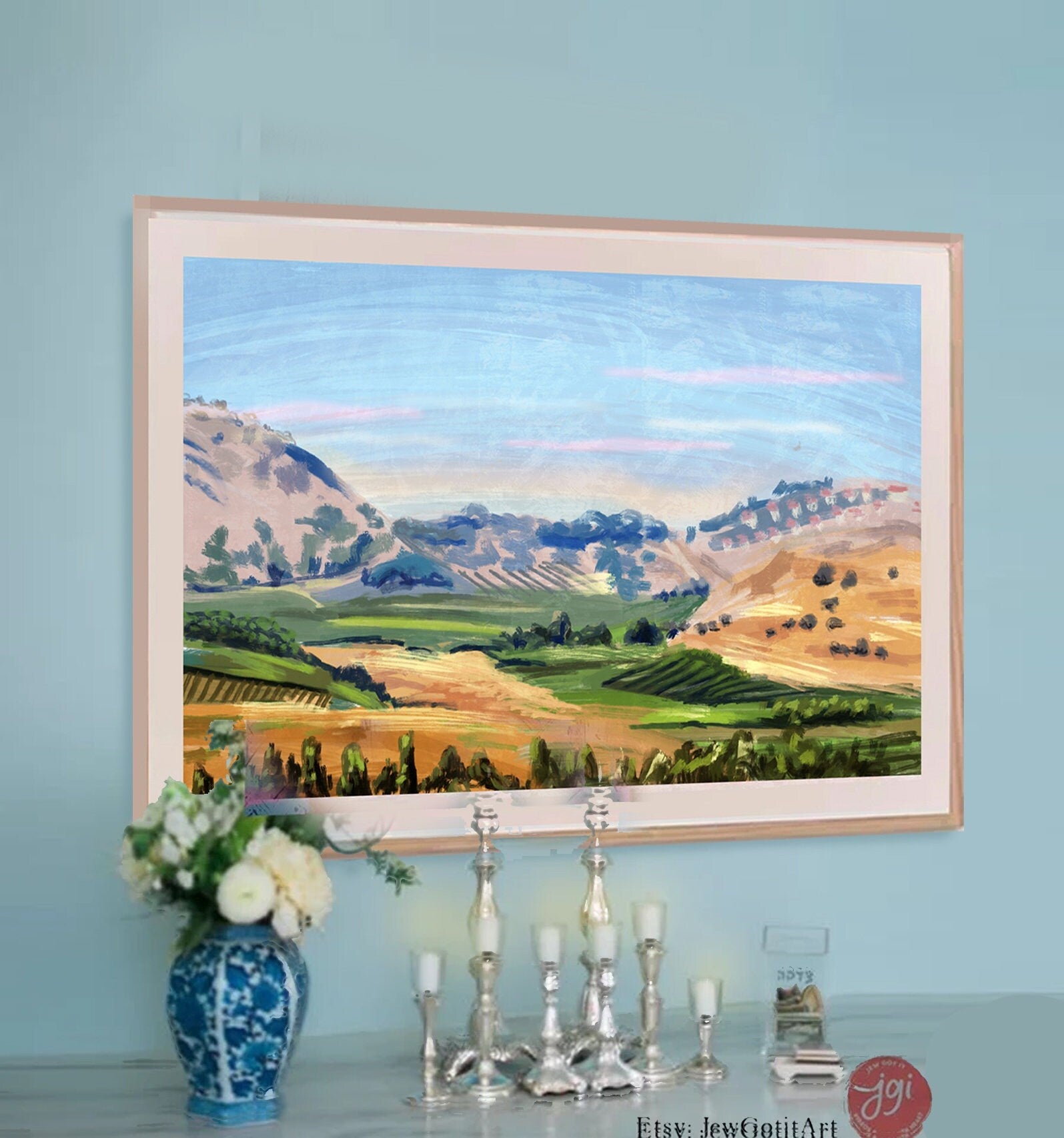Israel Hills and Vineyards Wall Art Poster Print Painting Mountains Jewish Israel Jewish gift prints gifts Israeli Artist City Judean Hills