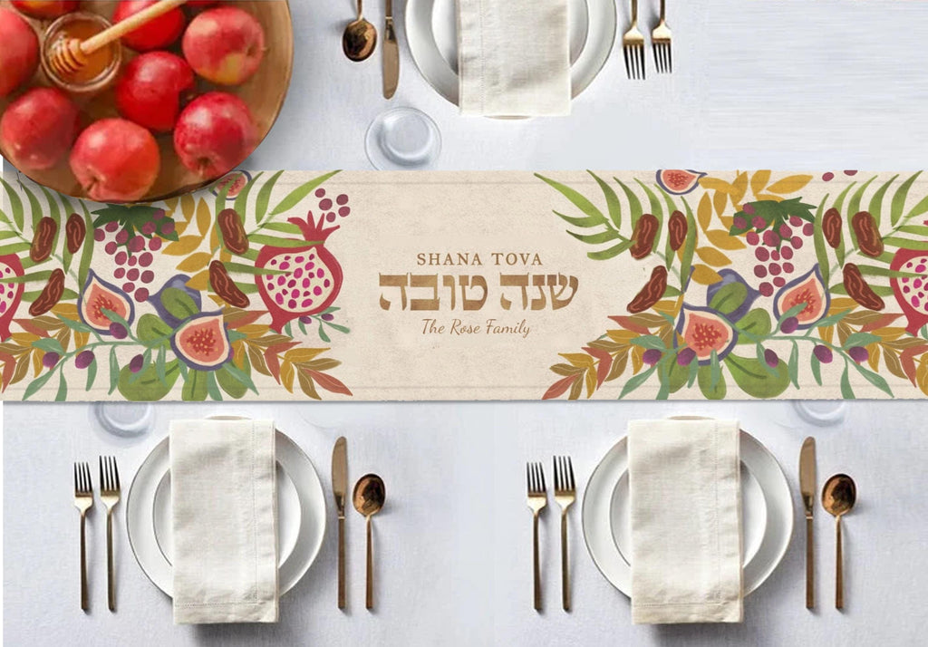 Shana Tova Table Runner, Rosh Hashanah Jewish gift Jewish holiday Israel 7 species apple honey, jewish art, table decor, custom personalized