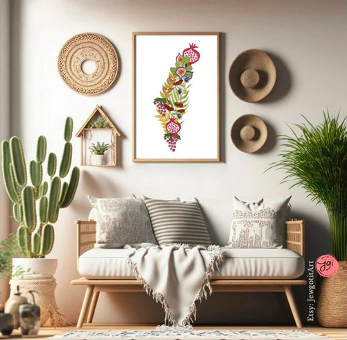 7 Species Israel Wall Art | State of Israel Shape Poster Print | Jewish Art Gift | Hand Drawn Fruit Design Israel Flag  Am Yisrael Chai