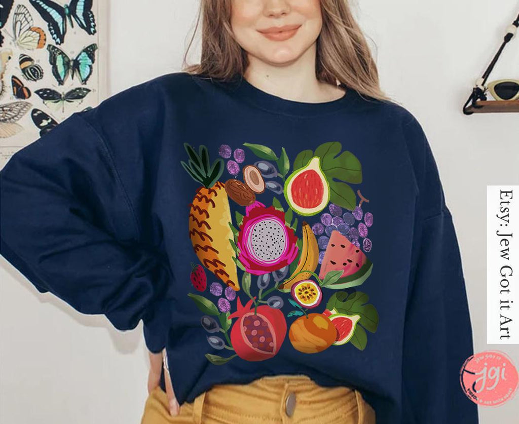 Israel Fruits Unisex Sweatshirt | Shuk Market Jerusalem Pomegranate Art Jewish Gifts & Hanukkah Gifts | Israeli Artist Fruit Art Fruits Art
