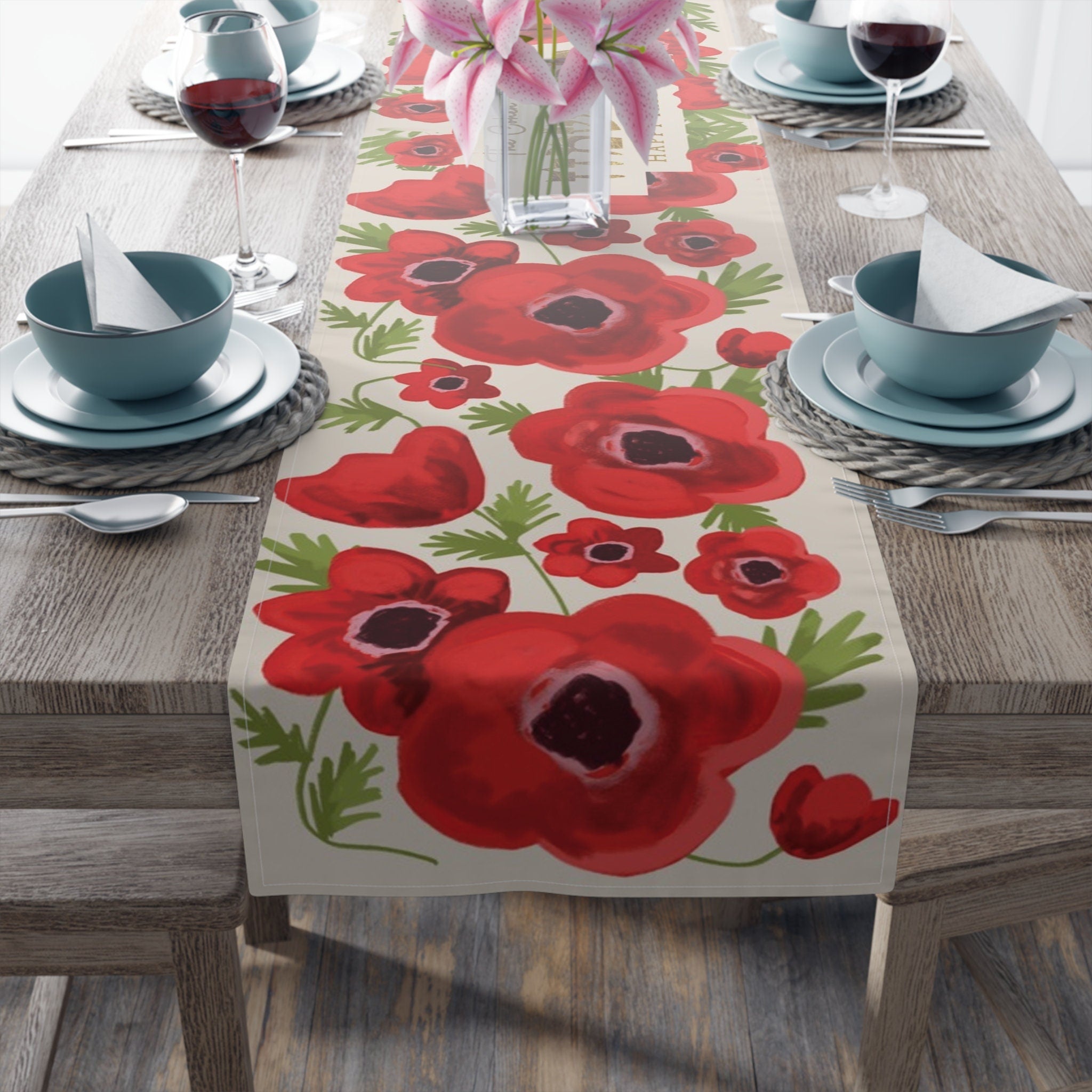 Personalized Passover Kalanit Table Runner Jewish Art Israel Gift Red Poppy Seder Flower Decoration Customized Pesach Decor Israeli Artist