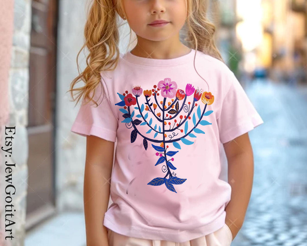 Hanukkah Flower Menorah Shirt Unisex Cotton Hanukkah Sweatshirt hanukkah gifts, Jewish gift, Israel art chanukah woman shirt flower tshirt