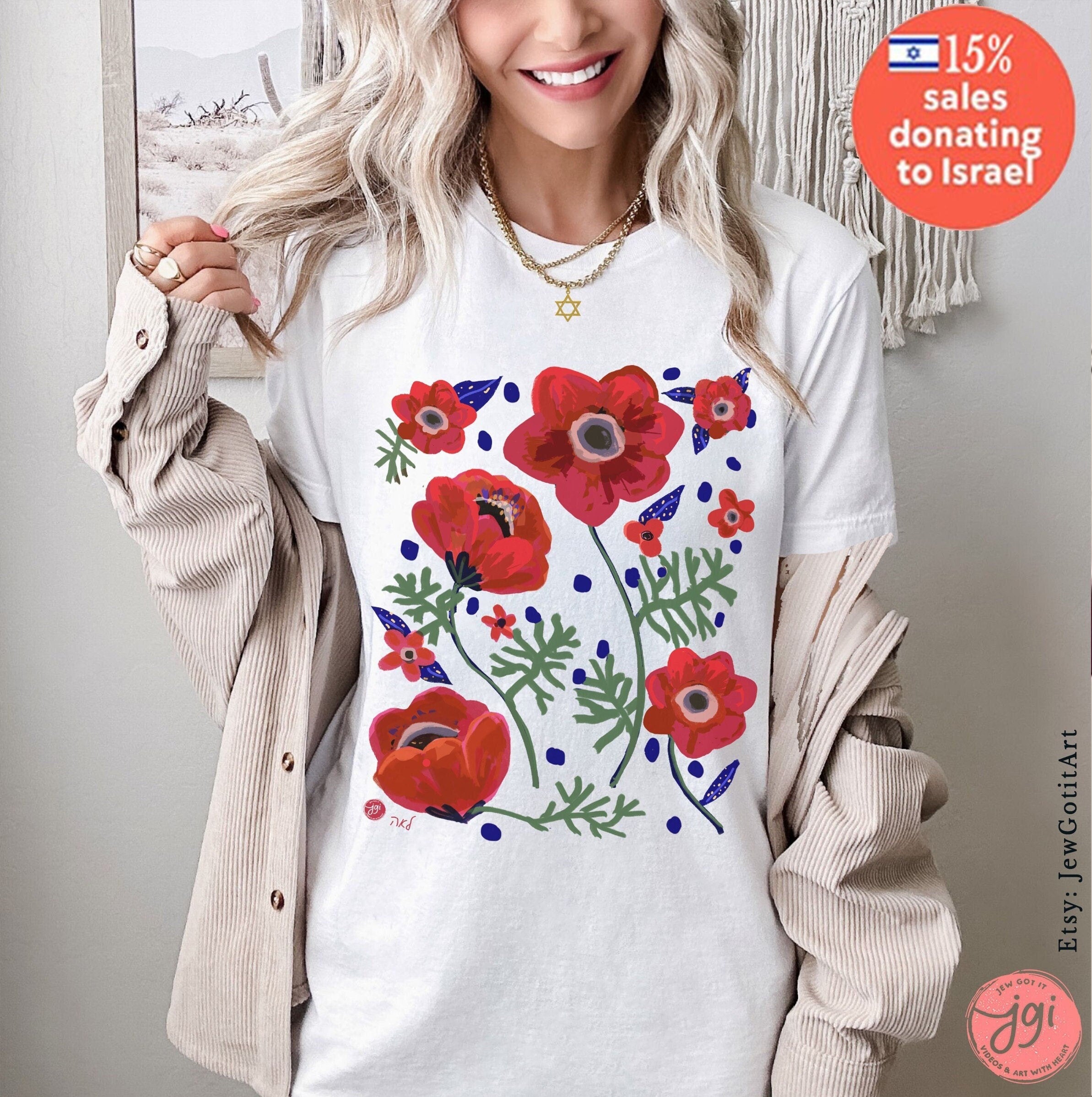Kalanit Israel's National Flower Shirt Flowers TShirt Unisex Heavy Cotton Tee Red poppy art Women shirt gift gifts Israeli Artist Sweatshirt