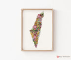 7 Species Israel Wall Art | State of Israel Shape Poster Print | Jewish Art Gift | Hand Drawn Fruit Design Israel Flag  Am Yisrael Chai