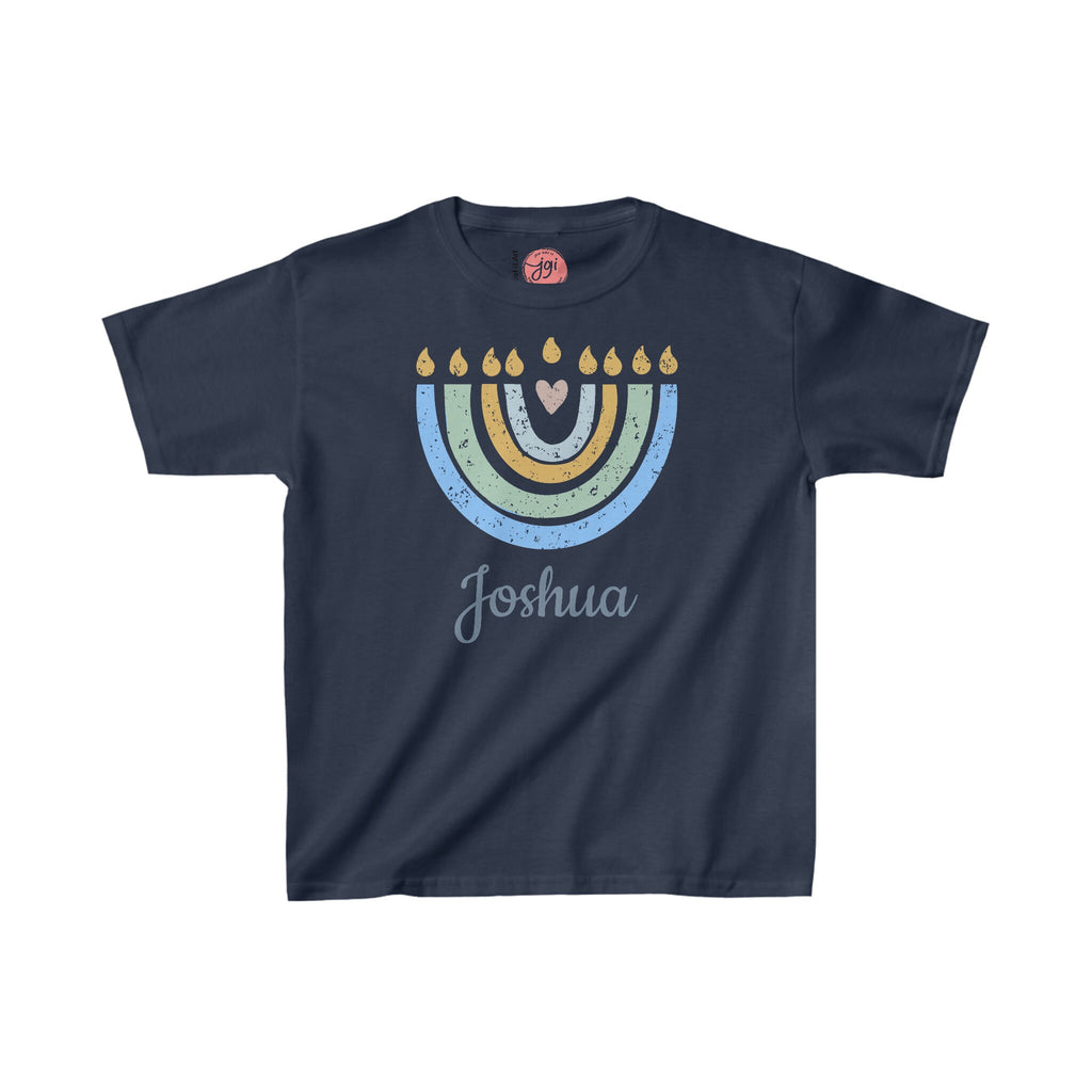 Personalized Hanukkah Shirt with Menorah, add name, custom gift, tshirt, shirt Kids Heavy Cotton Tee, hanukkah gifts, shirt designs, israel