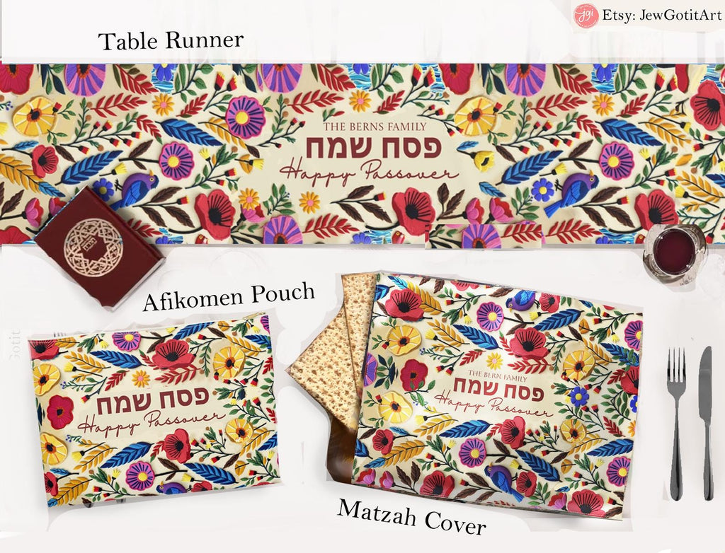 Passover Table Runner Splitting of the Sea Set & Afikomen Matzah Cover Set Israel Jewish Art Gift Pesach Table Decor Seder Table Red Sea Art