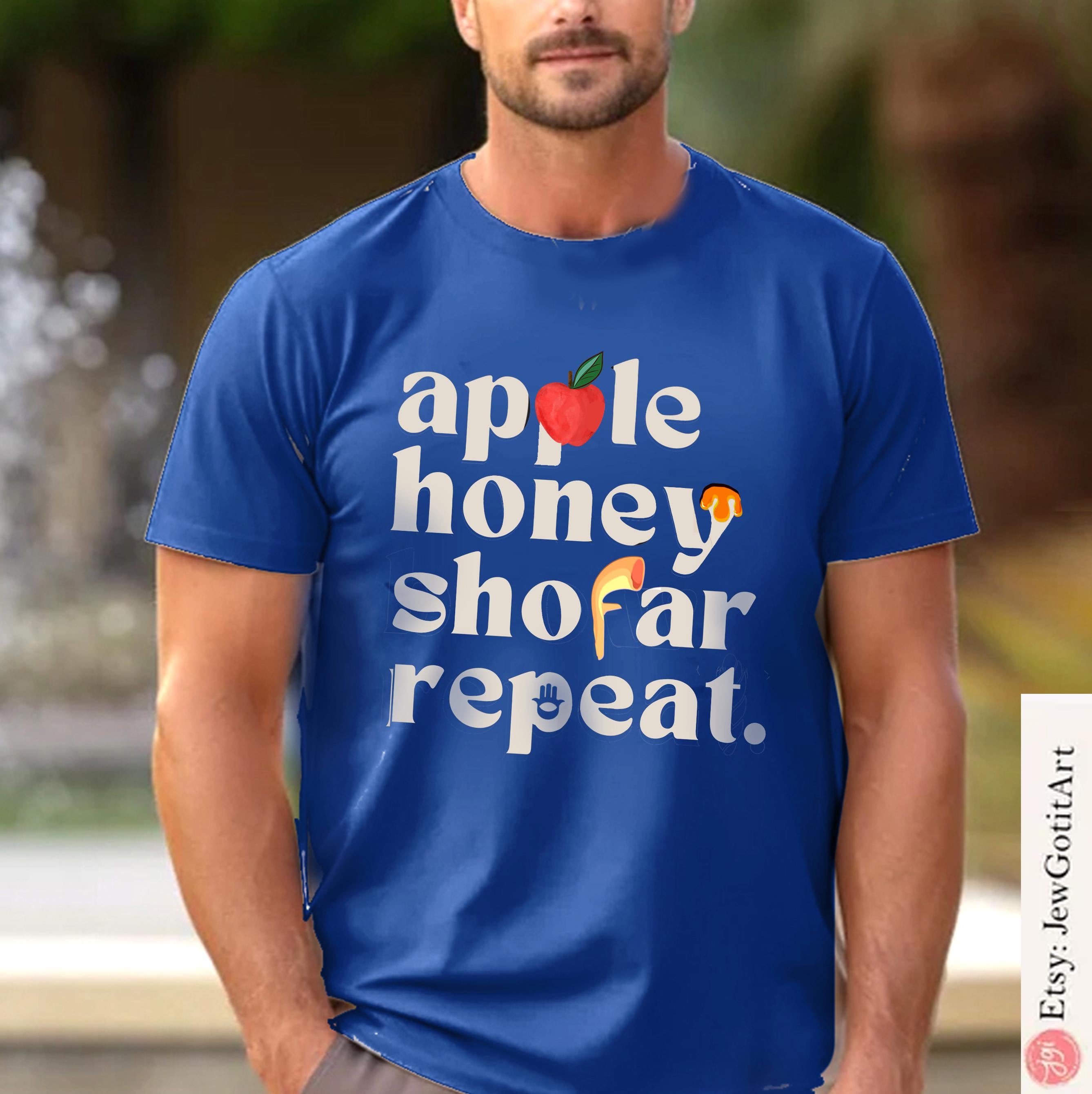 Apple Honey Shofar Repeat Shirt - Rosh Hashanah Am Yisrael Chai T-Shirt | Shana tova Israeli Artist Jewish Holiday Gifts by Israeli Artist