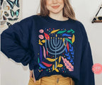 Hanukkah Flower Menorah Sweater Holiday Sweatshirt Stand with Israel Hanukkah hanukkah gifts Jewish gift Israel art chanukah woman gift idea