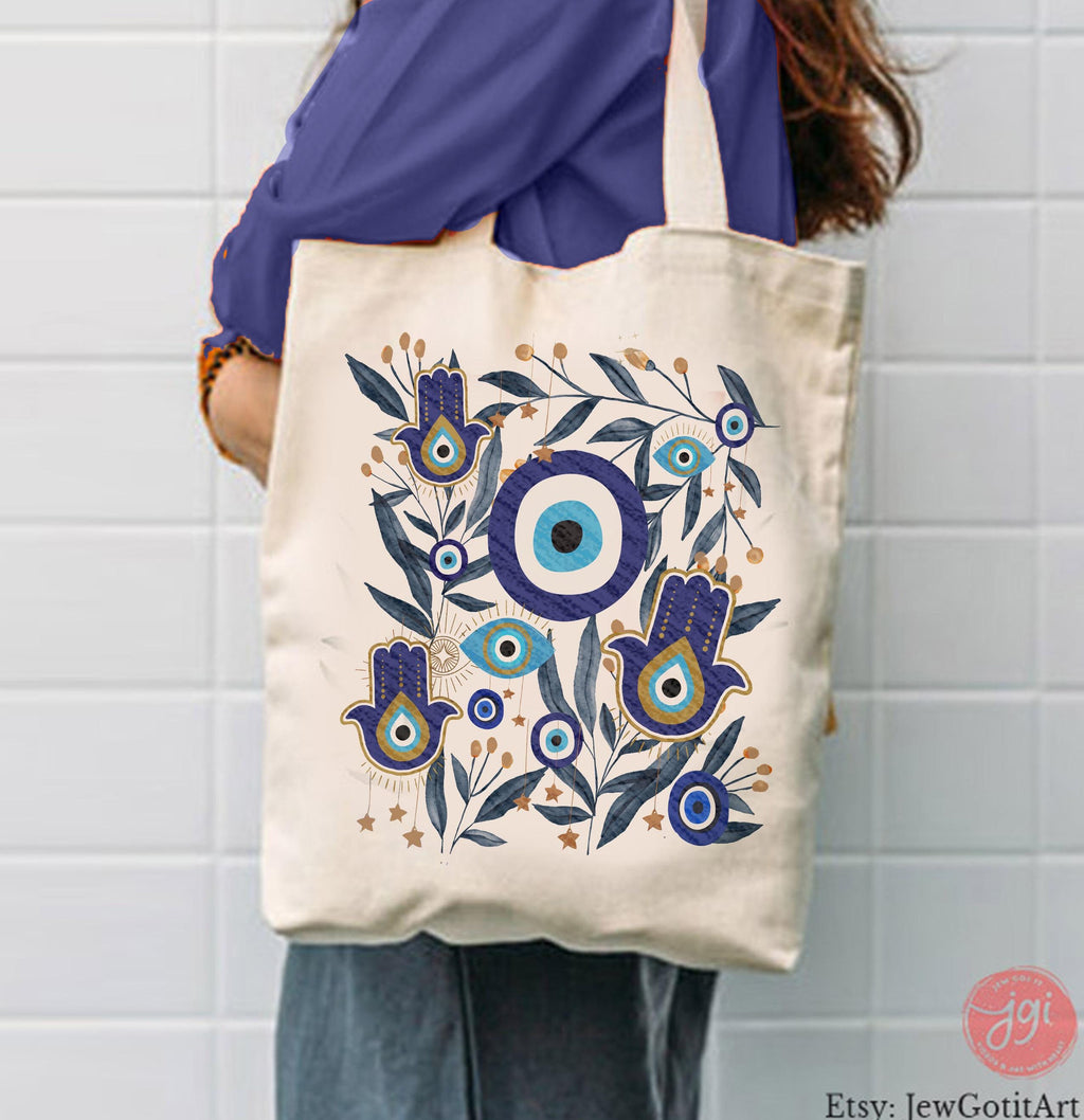 Evil Eye Hamsa Tote Bag Jewish Art Am Yisrael Chai jewish gift Israeli Artist Rosh Hashanah Jewish Holiday Gifts Art cotton bag Eyes Art