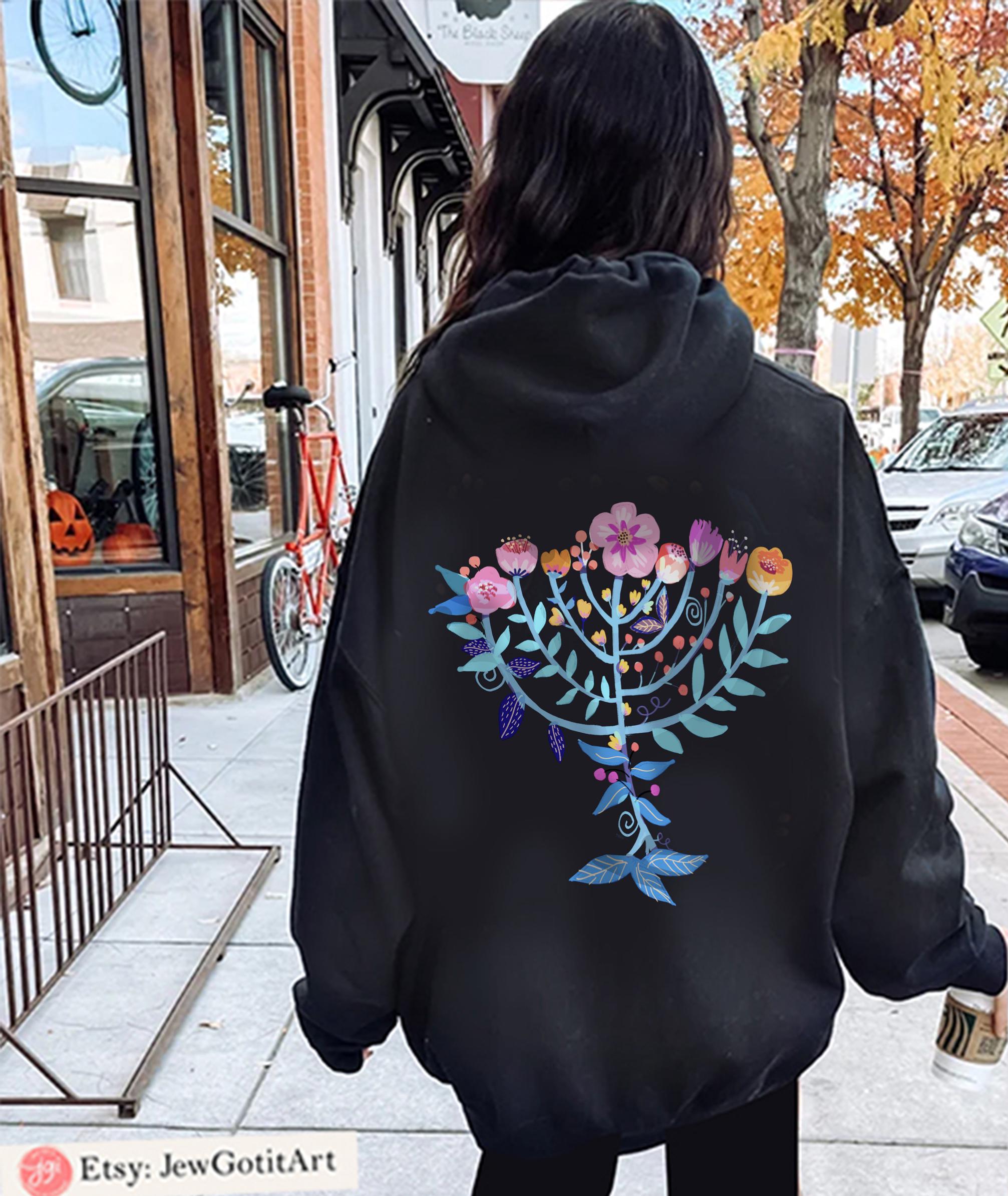 Hanukkah Sweatshirt Menorah Sweater T-Shirt Unisex Floral Art | Jewish Gift from Israeli Artist Israel Jewish Shirt Chanukah Israeli Artist