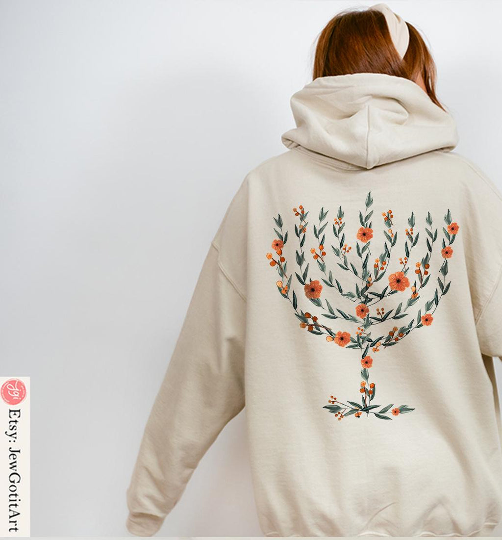 Menorah Hanukkah Sweater T-Shirt Unisex Floral Art Sweatshirt Jewish Gift from Israeli Artist Israel Jewish Shirt Chanukah Israeli Artist