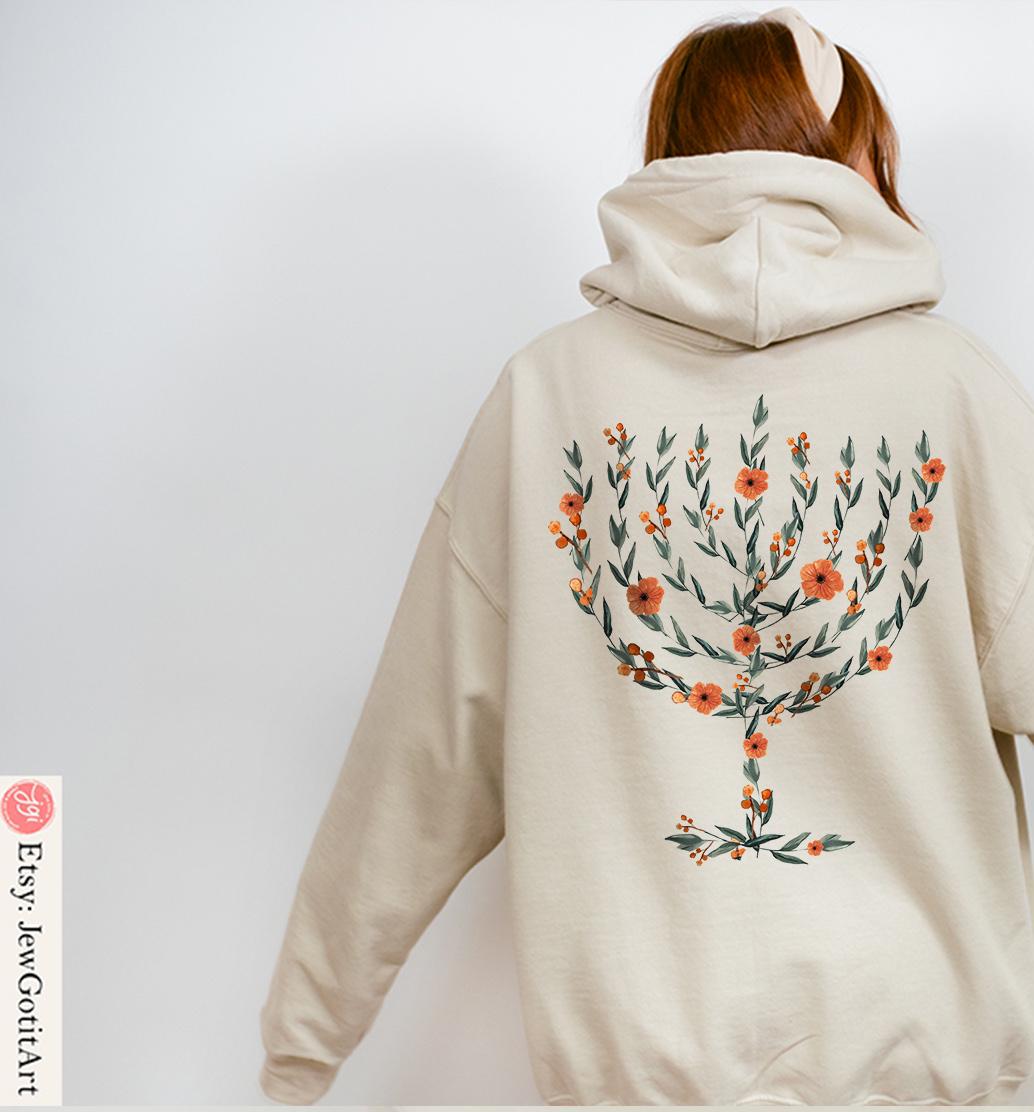 Menorah Hanukkah Sweater T-Shirt Unisex Floral Art Sweatshirt Jewish Gift from Israeli Artist Israel Jewish Shirt Chanukah Israeli Artist