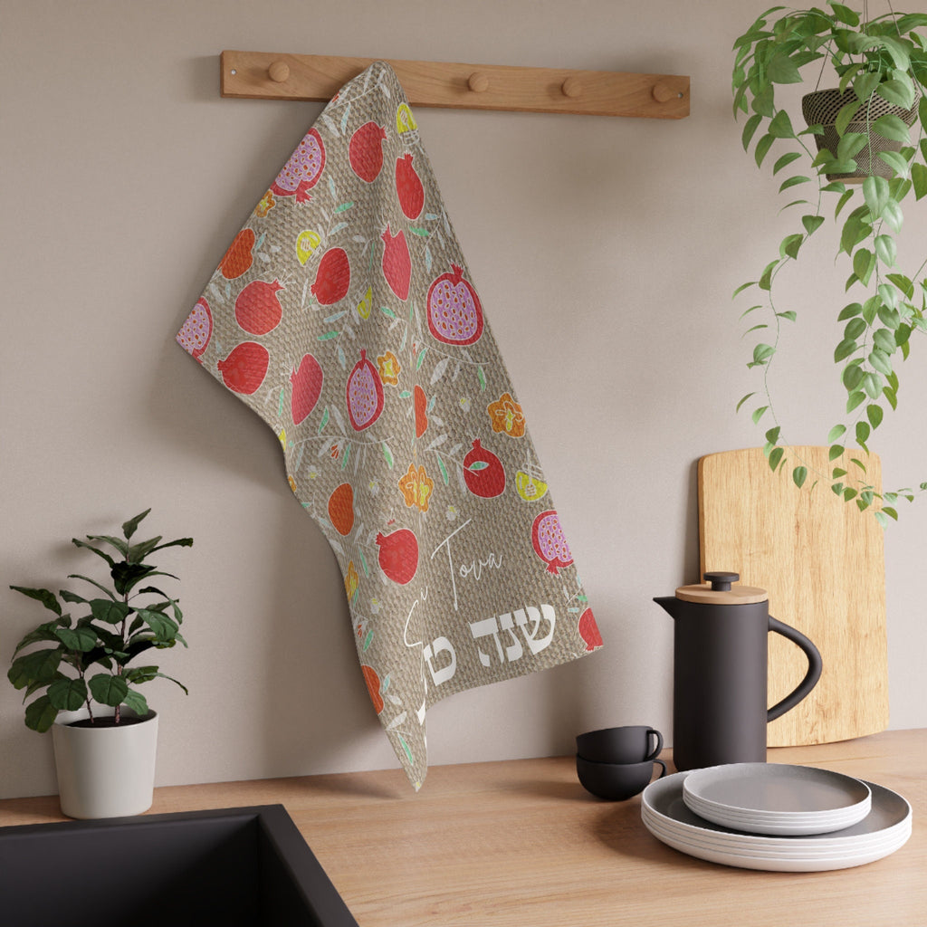 Rosh Hashanah Towel Kitchen, Shana Tova, pomegranate, apple honey, art, tea towel, cotton towel, towel design, home decor, Jewish gift