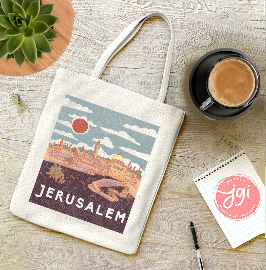 Jerusalem Vintage Tote Bag Hand drawn | Hebrew Jewish gift | Art bag, graphic bag, woman gift shopping everyday bag, shabbos, shabbat