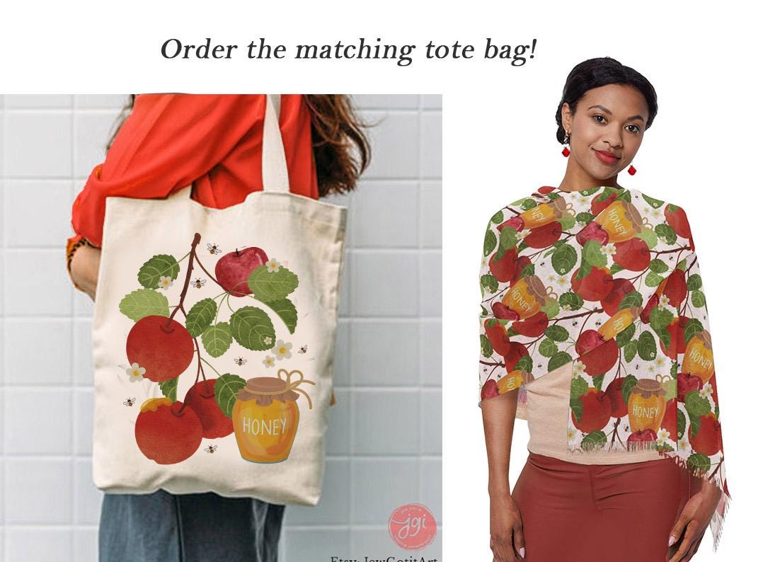 Apple & Honey Scarf Rosh Hashanah Headwrap Floral Fabric Hair Covering Jewish Women’s Accessories Israeli Artist Design Am Yisrael Chai