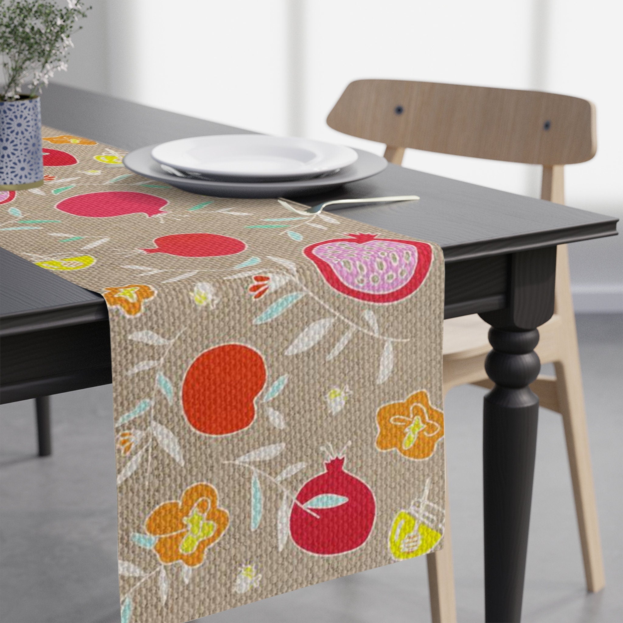 Rosh Hashanah Table Runner, Jewish gift, Jewish holiday, Israel, pomegranates, apple honey, jewish gift, jewish art, shana tova, table decor