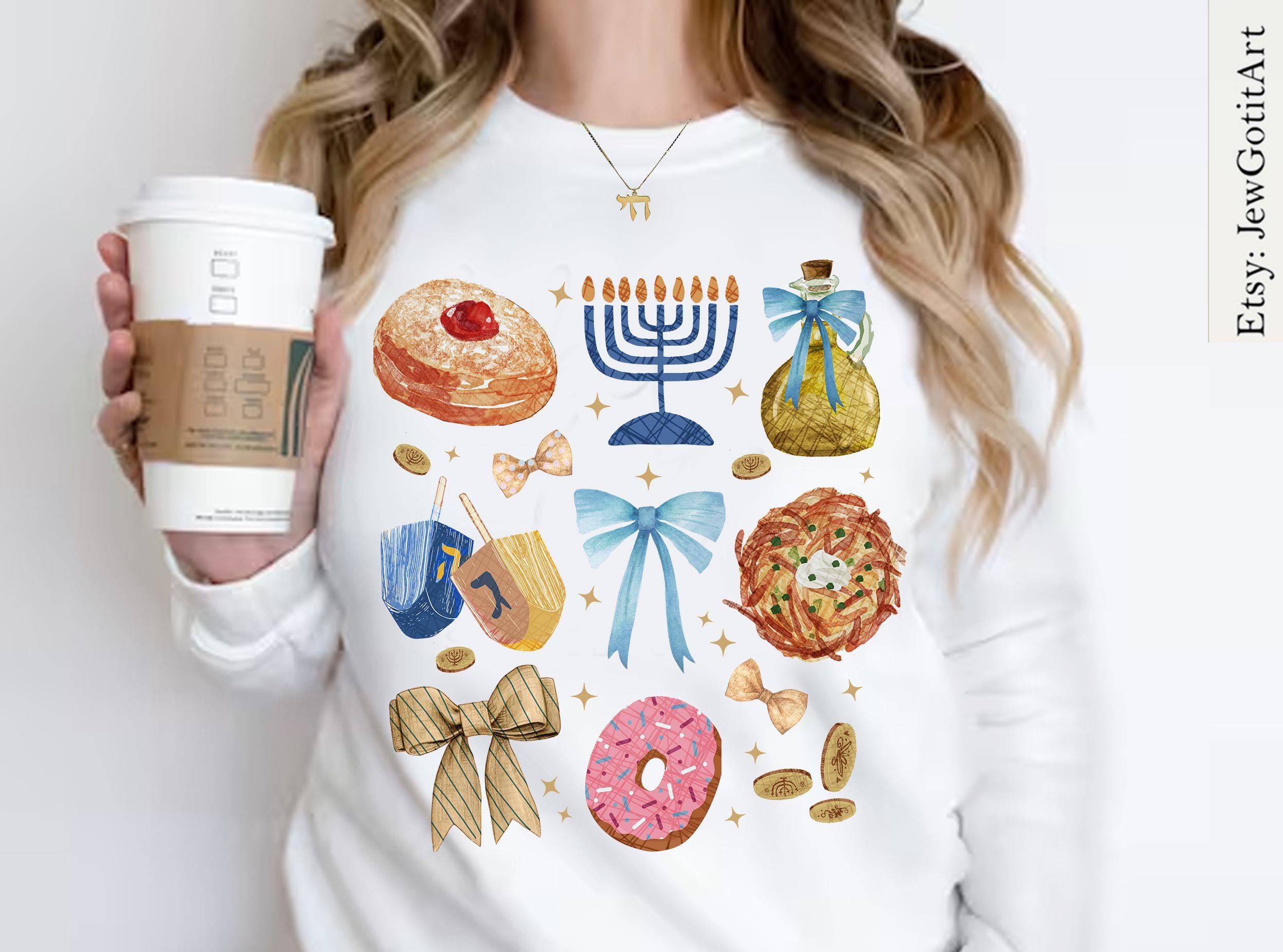 Menorah Hanukkah Sweater Coquette Bows Shirt TShirt Unisex Latke Art Sweatshirt Jewish Gift from Israeli Artist Israel Jewish Chanukah חנוכה