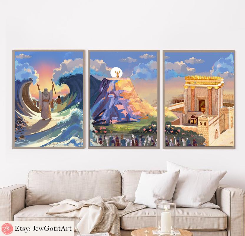 3 Jewish Art Prints Red Sea Splitting, Mt Sinai, Holy Temple Jerusalem Israel Art Poster Am Yisrael Chai Jewish Gift Israeli Artist Wall Art