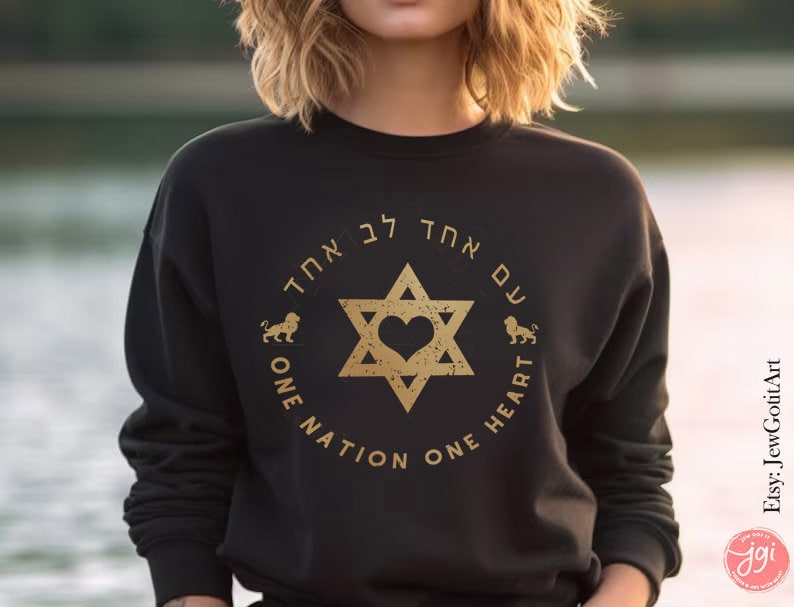 One Nation One Heart Israel Sweater Sweatshirt Unisex Israeli Artist Jewish Holiday Passover Am Yisrael Chai Gift Gifts jewish star david