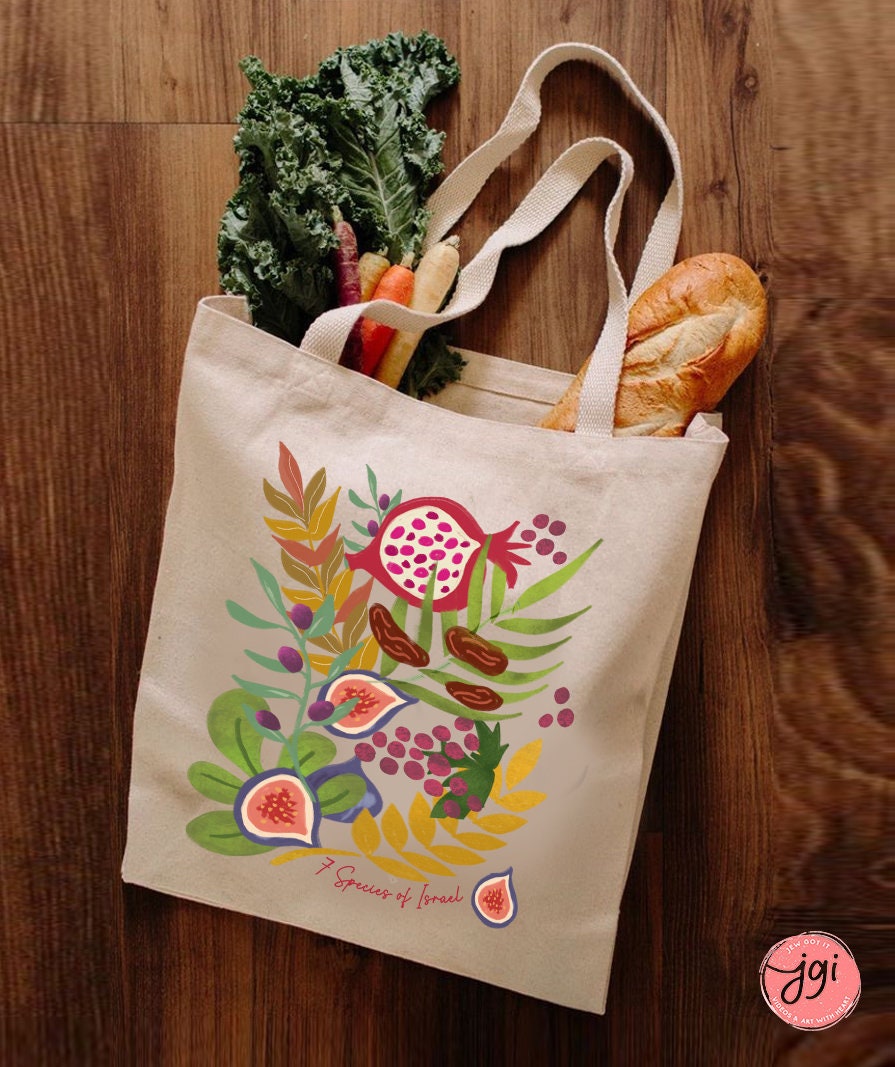 Fruits & Produce of Israel, 7 species Israel, fruit, tote bag, cotton bag, israel, everyday bag, shopping bag, jewish gift, Gift for her