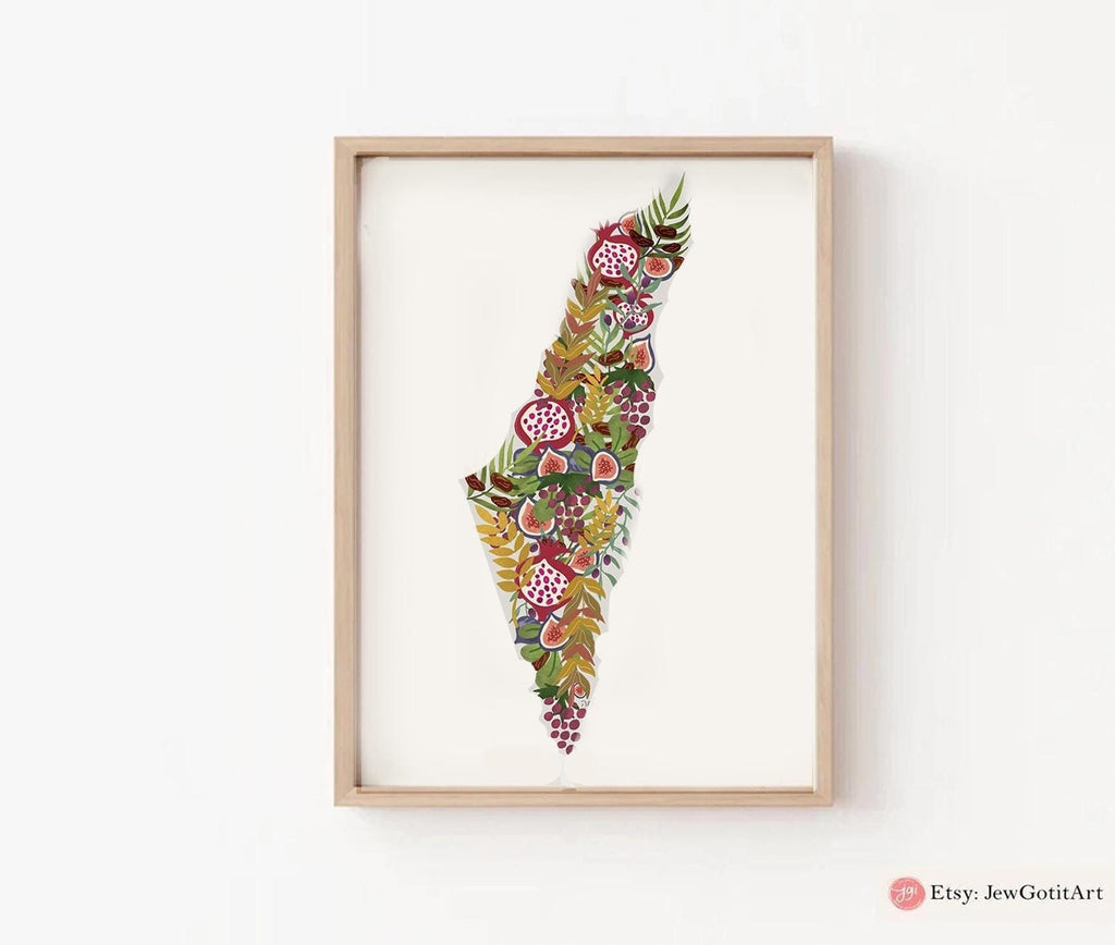 7 Species Israel Wall Art | State of Israel Shape Poster Print | Jewish Art Gift | Hand Drawn Fruit Design Israel Flag  Am Yisrael Chai