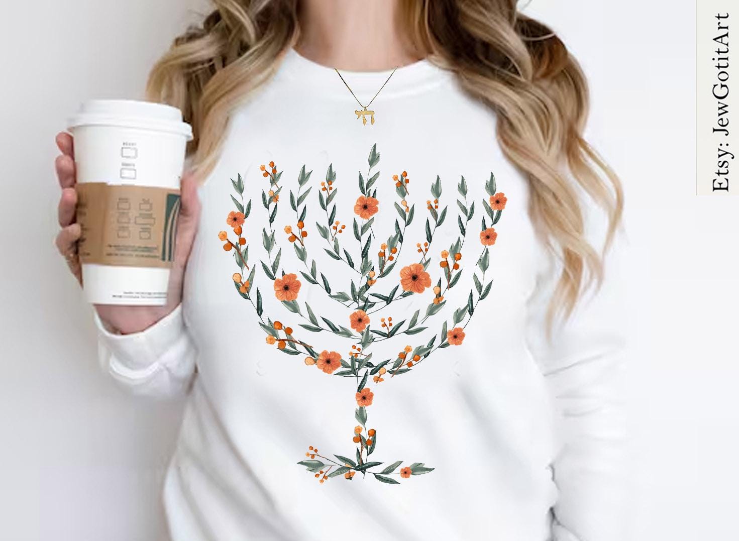 Menorah Hanukkah Shirt Sweater T-Shirt Unisex Floral Art Sweatshirt Jewish Gift from Israeli Artist Israel Jewish Chanukah Israeli Artist