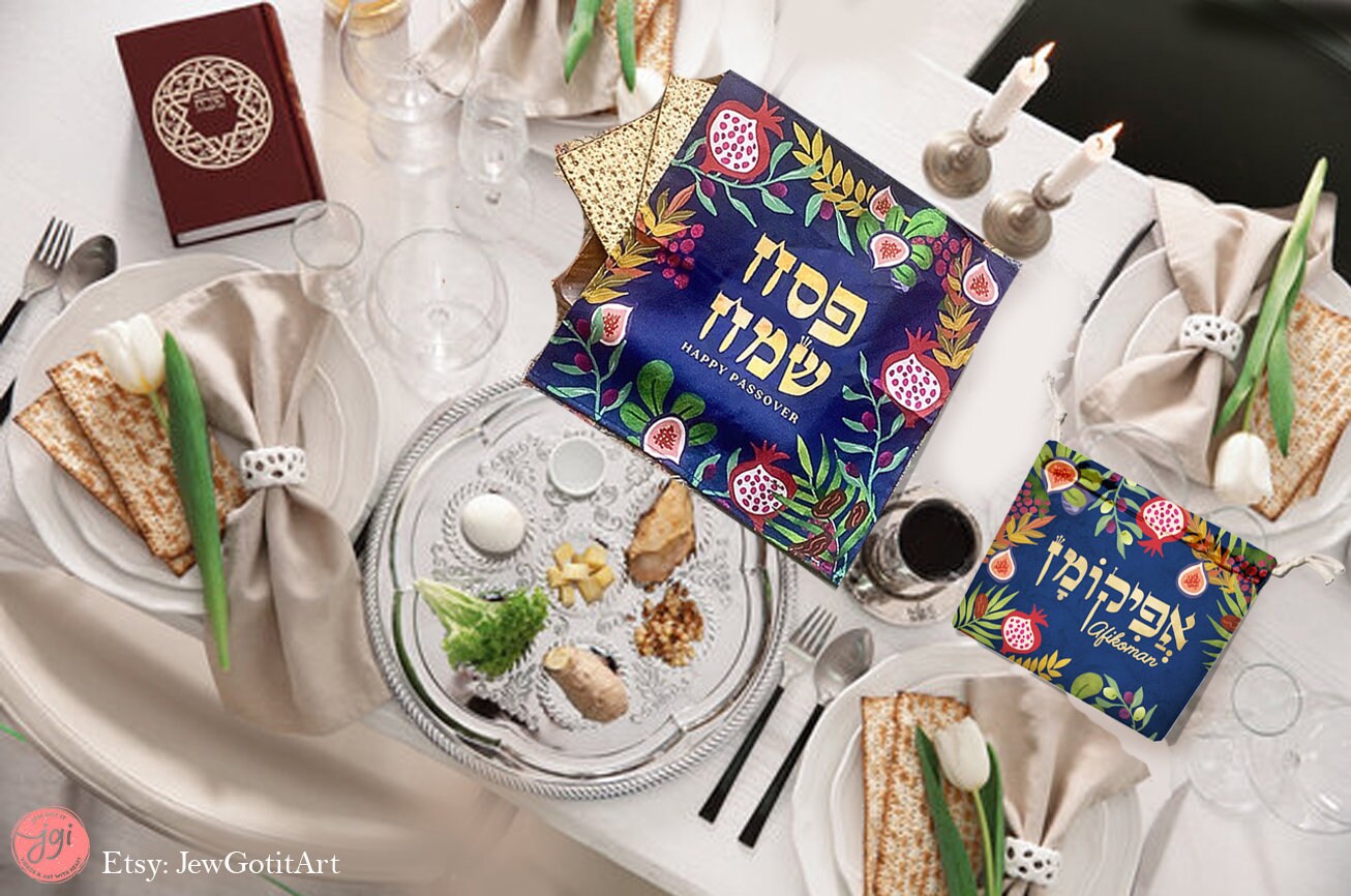 Matzah Cover & Afikomen Bag Set Passover Pesach 7 Species Art Hand-Drawn Jewish Holiday Decor Israeli Artist Seder Table Gift Passover Gift