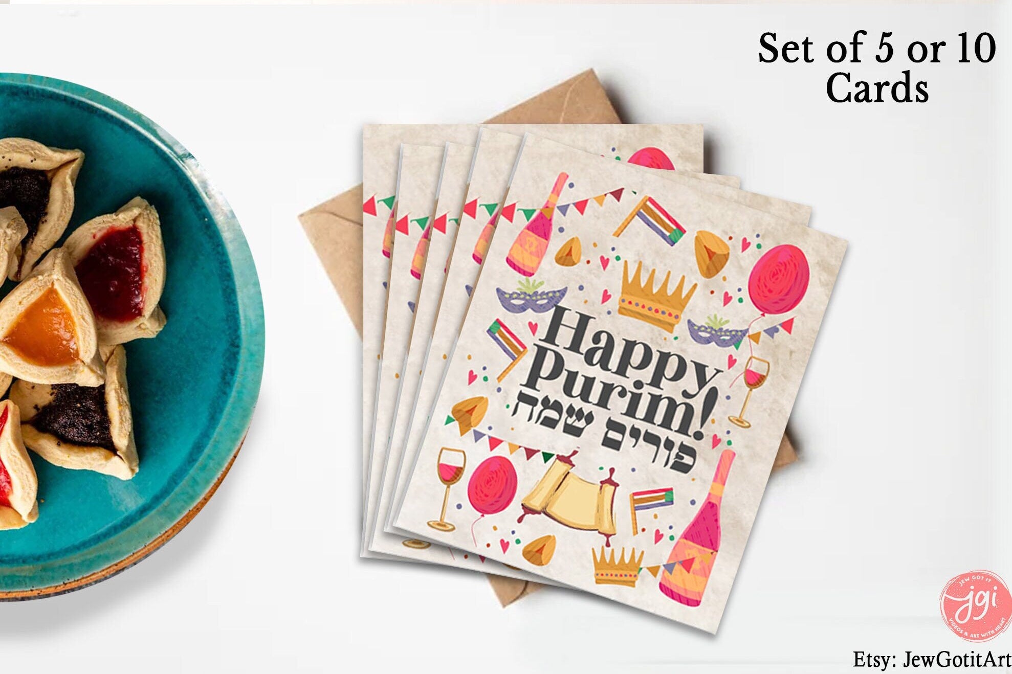 Set of Purim Greeting Cards Bundle of 5 or 10 Jewish Holiday Mishloach Manot Hebrew Israeli Artist Semeach Israel Art Jewish Art decoration