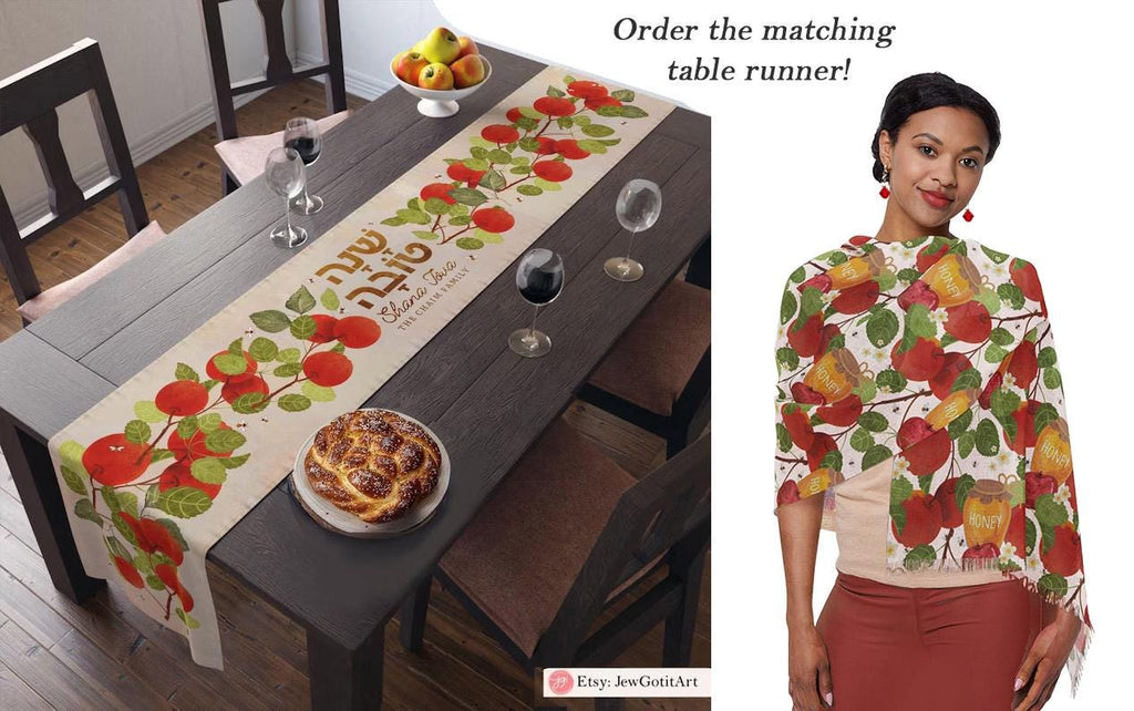 Apple & Honey Scarf Rosh Hashanah Headwrap Floral Fabric Hair Covering Jewish Women’s Accessories Israeli Artist Design Am Yisrael Chai