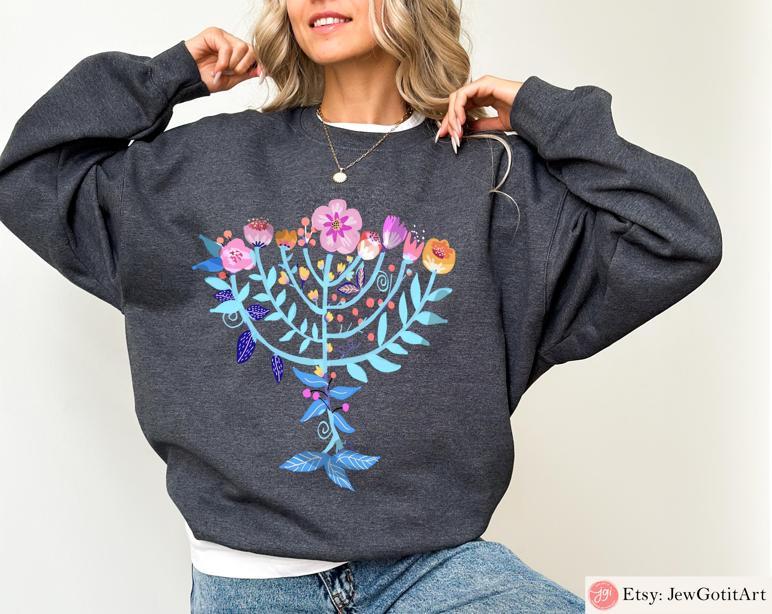 Hanukkah Flower Menorah Shirt Unisex Cotton Hanukkah Sweatshirt hanukkah gifts, Jewish gift, Israel art chanukah woman shirt flower tshirt