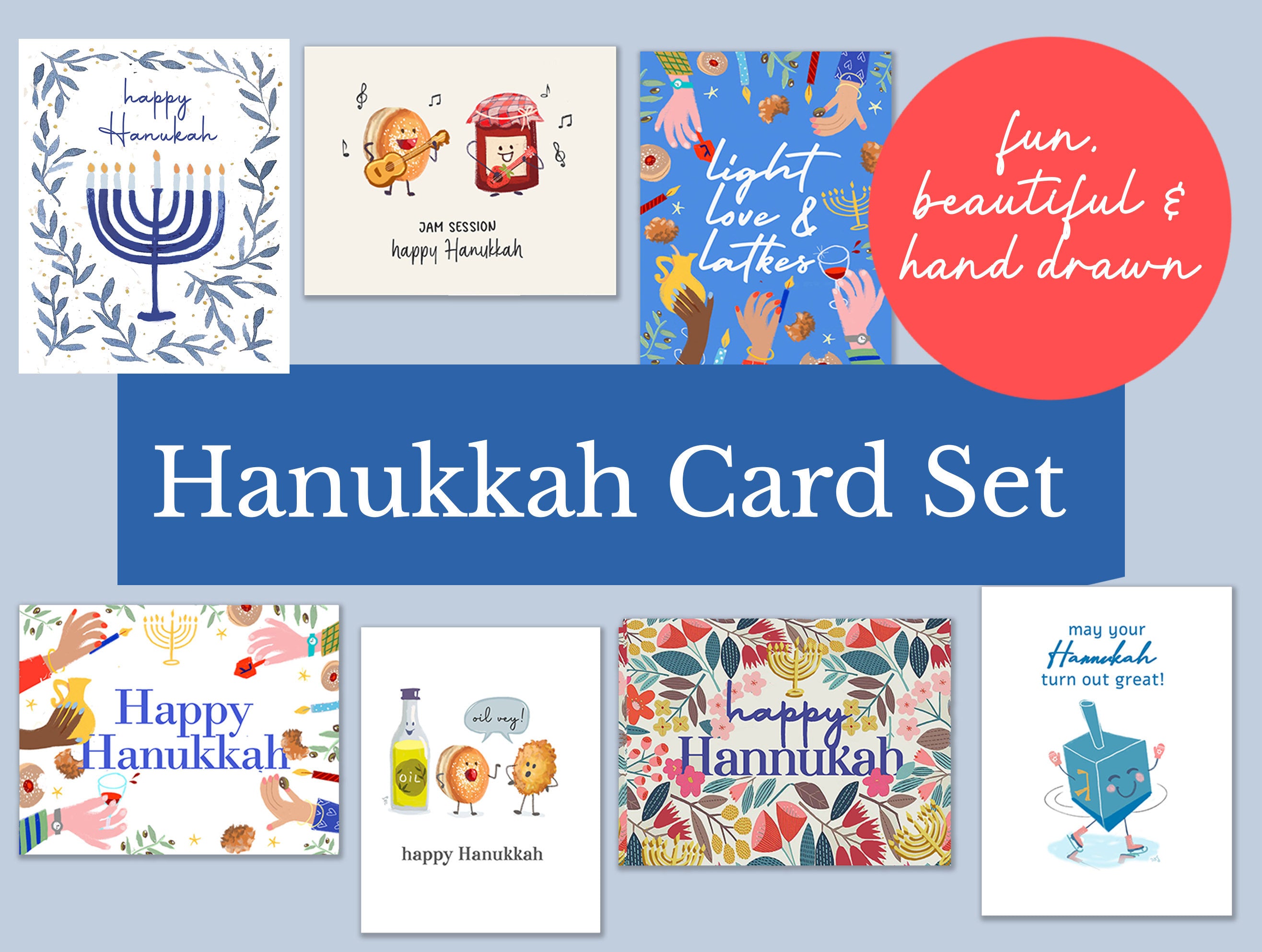 Hanukkah Holiday Card Set Beautiful Funny Punny Hanukkah Cards latkes menorah jelly donut dreidel Happy Chanukah Card Set Greeting Cards