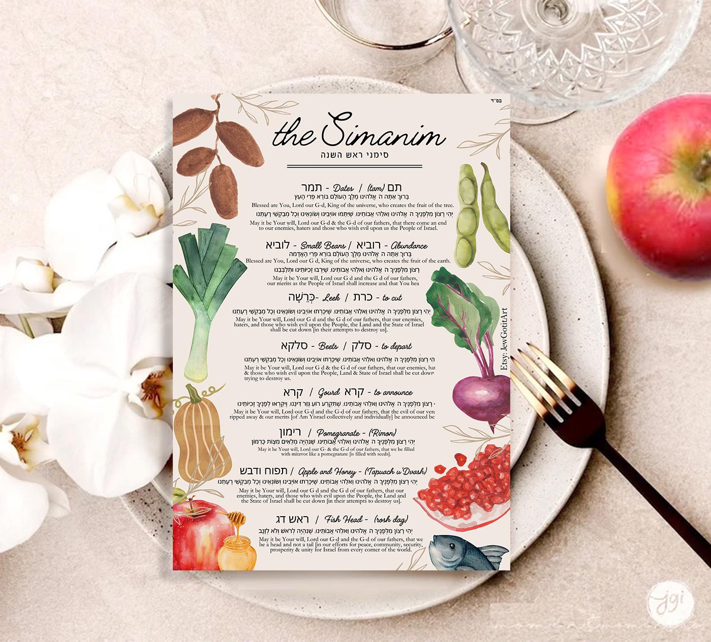Simanim Blessings Rosh Hashanah Printable Sheet, table decor, Jewish New Year Digital Download, Interactive, Jewish holiday Shana tova