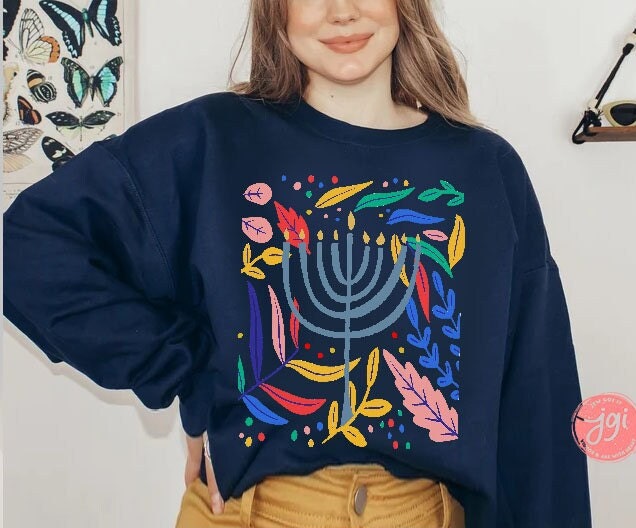 Hanukkah Flower Menorah Sweatshirt Holiday Sweatshirt Stand with Israel Hanukkah hanukkah gifts Jewish gift Israel art woman gift idea