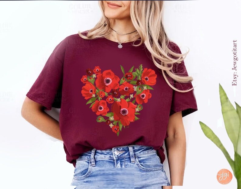 Kalanit Heart Israel National Flower Shirt Flowers TShirt Unisex Heavy Cotton Tee Hand drawn art Women shirt gift gifts Israeli Artist Red