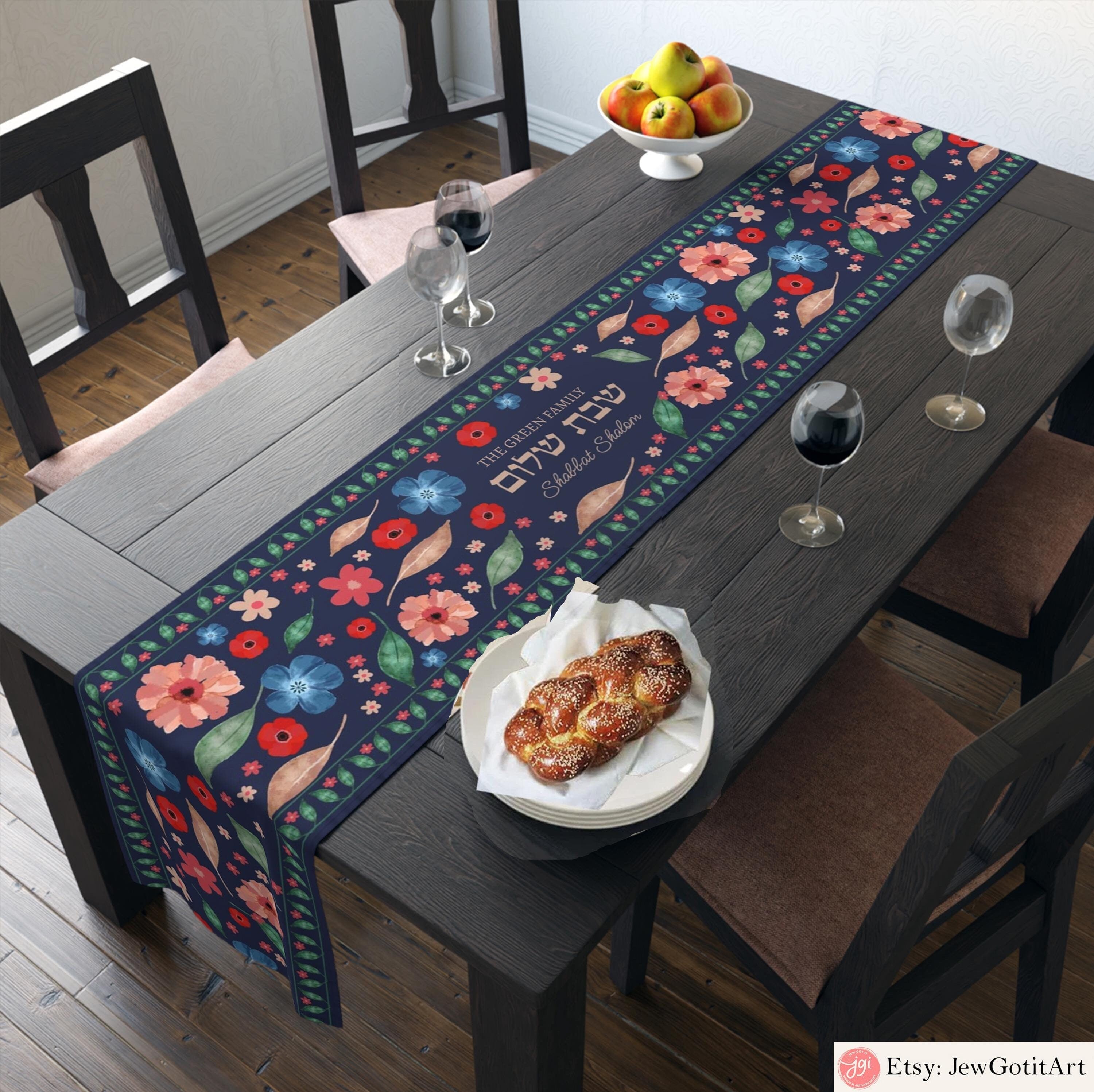 Shabbat Shalom Table Runner Floral Kalanit Design Jewish Gifts Holiday Decor Am Yisrael Chai Kalanit Flowers Israeli Personalized Gift