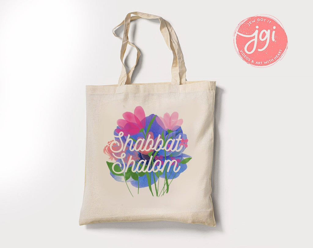 Shabbat Shalom Tote Bag Hand drawn | Hebrew Jewish gift | Art bag, graphic flower bag, woman gift shopping everyday bag, shabbos shabbat bag