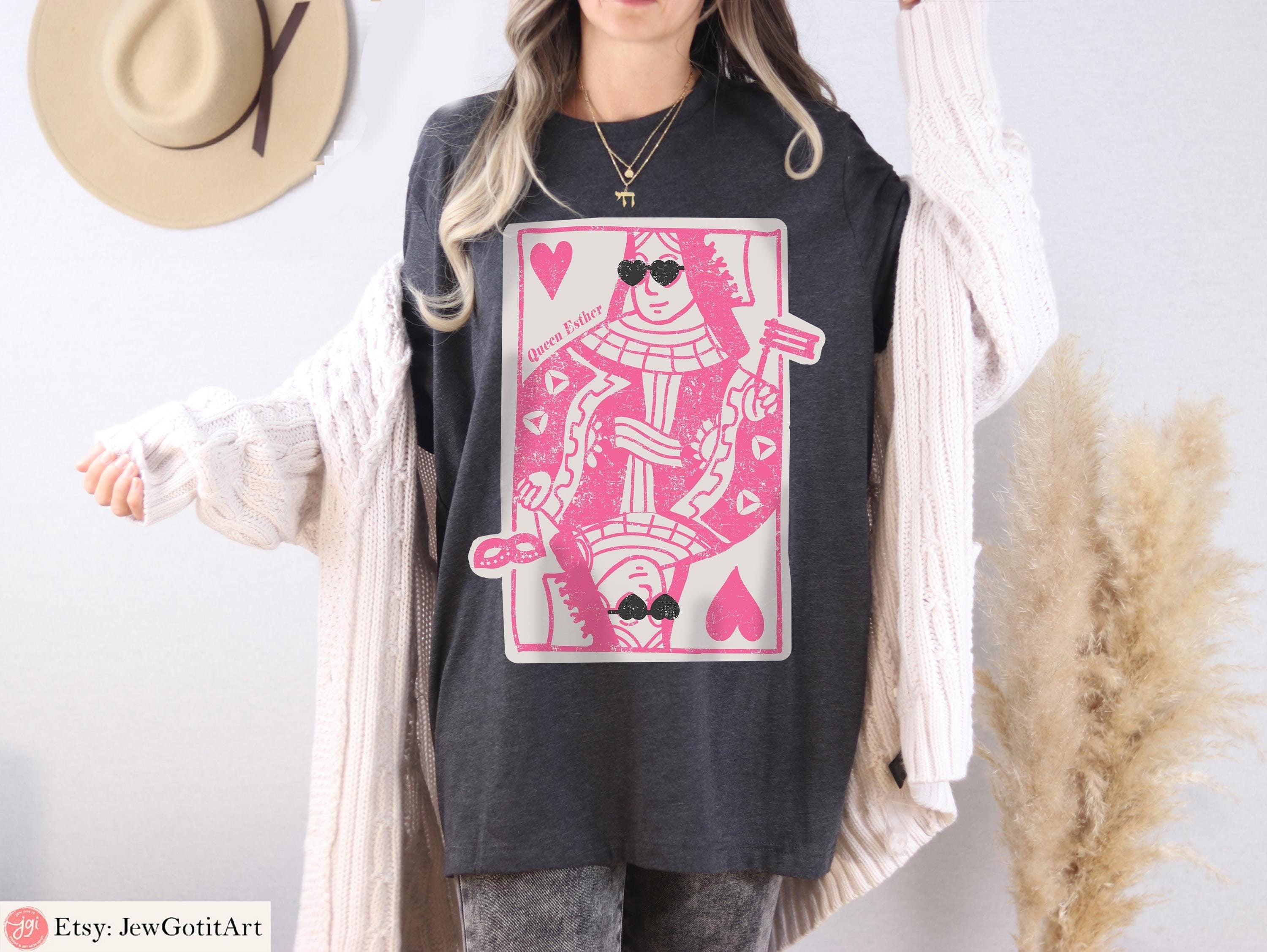 Queen Esther Sweatshirt T-Shirt Purim Costume Israeli Artist Jewish Holiday Gift Am Yisrael Chai Queen of Hearts Card Shirt Jewish Gifts
