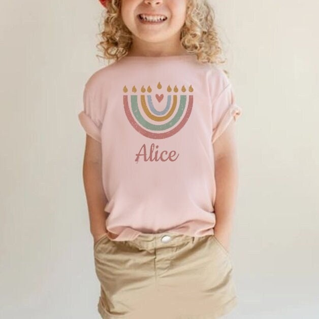 Personalized Hanukkah Shirt with Menorah, Girl shirt, add name, custom gift, tshirtnKids Heavy Cotton Tee, hanukkah gifts, designs, israel