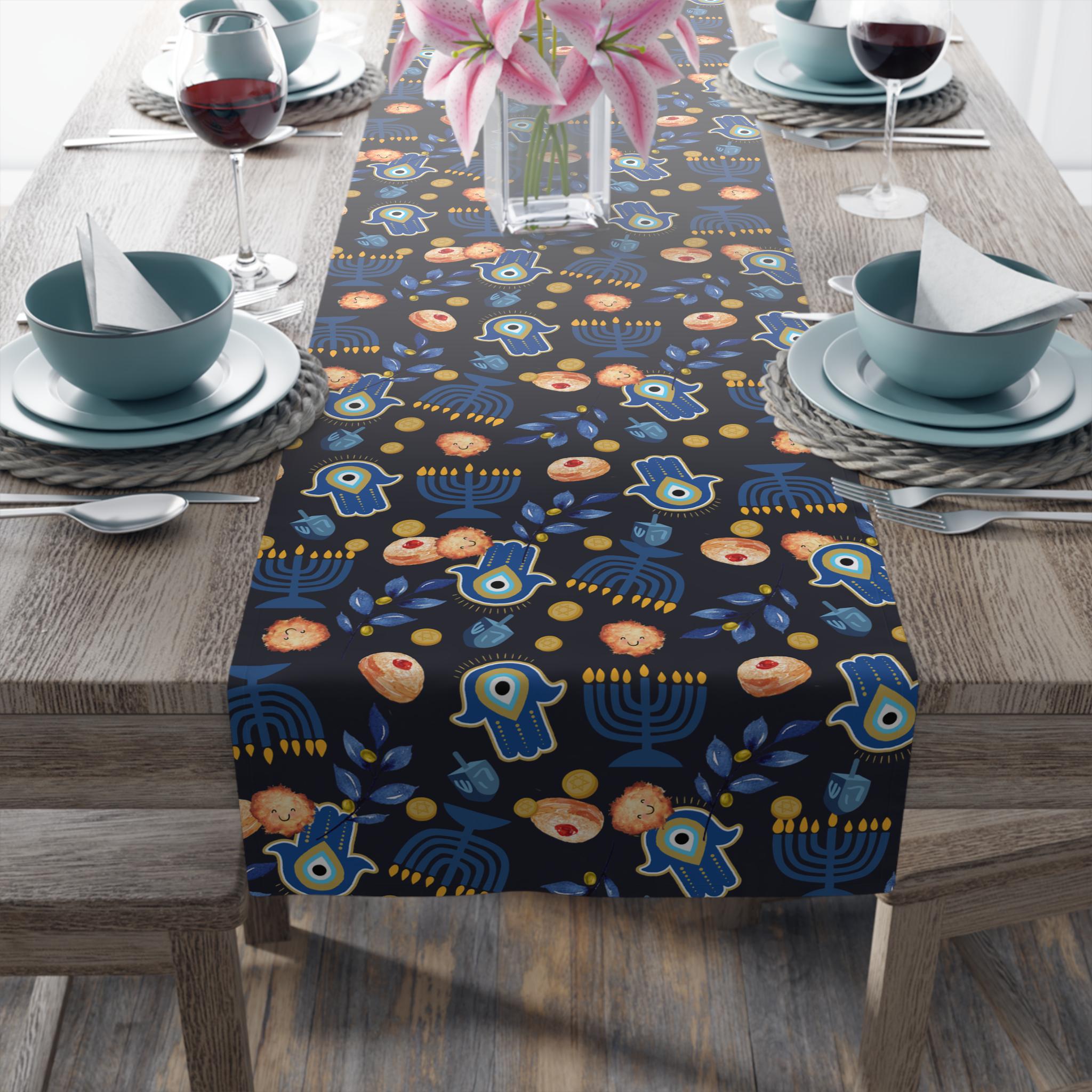 Hanukkah Table Runner, Menorah Dreidel Pattern Olive oil Jewish gifts Jewish holiday Israel Am Yisrael Chai jewish art table decor gifts