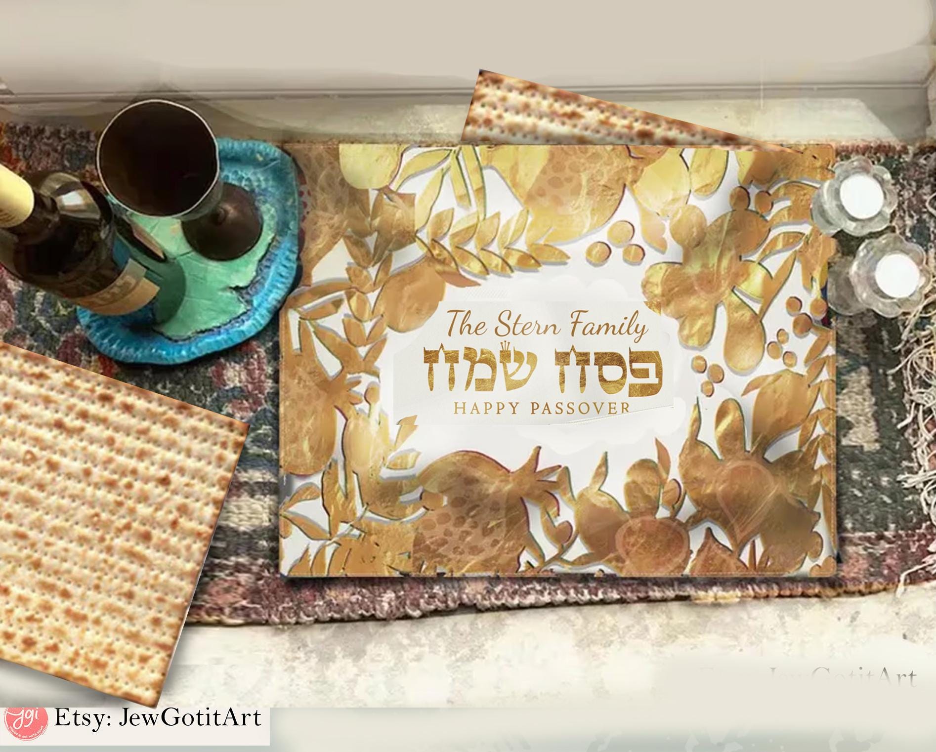 Personalized Passover Table Runner Matzah Cover Set Afikomen Set Passover 7 Species Israel Jewish Holiday Decor Custom Gift Matzah Afikomen