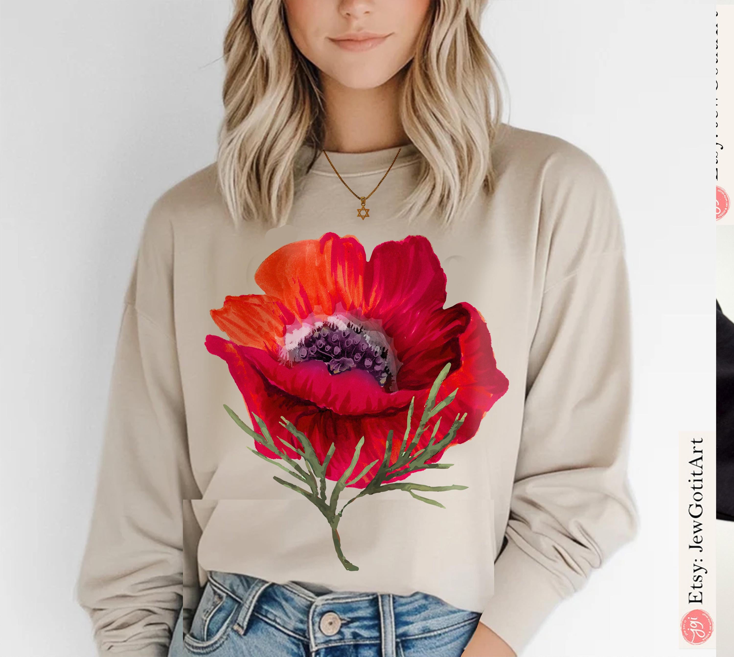 Kalanit Flower Hoodie Sweatshirt T-Shirt Unisex Zionist Shirt Israeli Artist Jewish Gift | Israel Pride Apparel Red poppy red flower Sweater