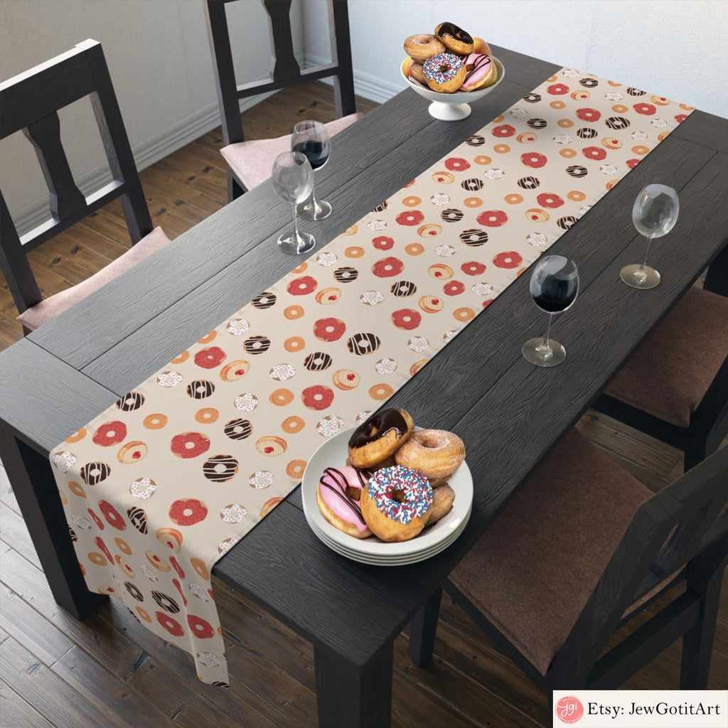 Hanukkah Donut Table Runner Chanukah Jewish gifts Jewish holiday Israel Donuts Art Dessert jewish art table decor, custom personalized gift