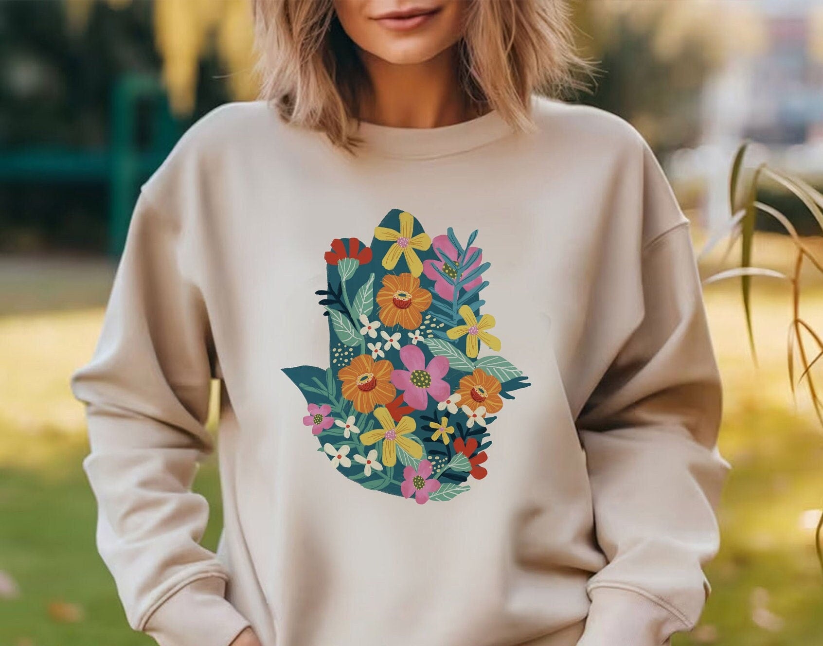 Flower Hasma Sweater Sweatshirt Jewish Gift Hebrew shirt woman clothes Israeli Israel art women trendy, Vintage Inspired Unisex Flowers gift