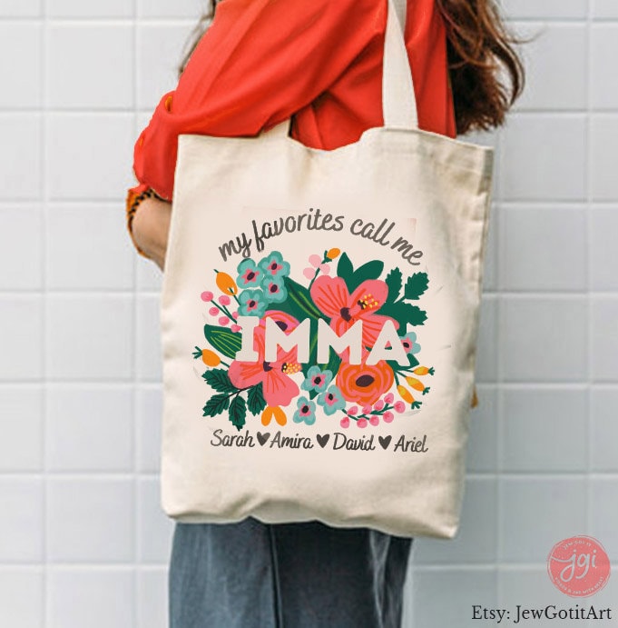 Personalized Imma Mothers Day Tote Bag Design Israeli Artist Israel Art Jewish Flowers Gifts Canvas cotton art Mom gift Mother Grandma