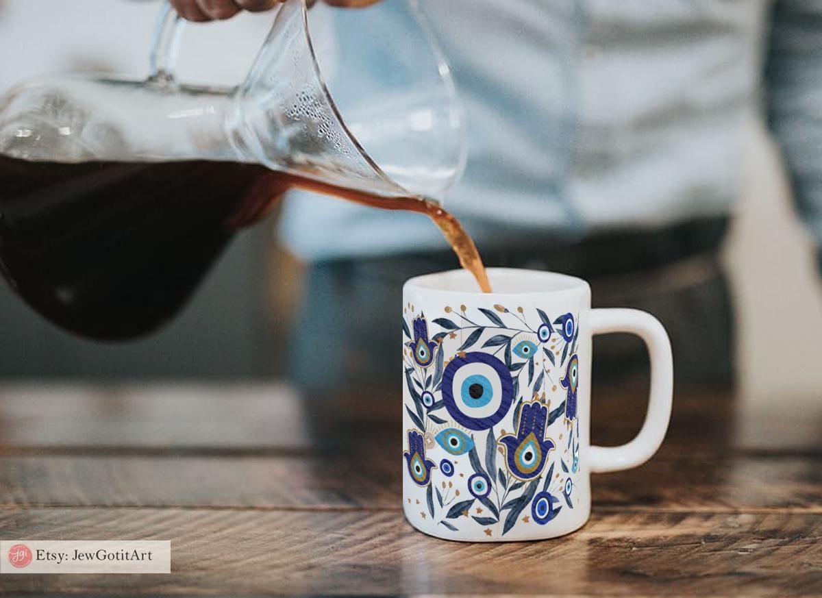 Evil Eye Hamsa Mug 11oz 15oz Am Yisrael Chai, jewish art coffee cup Ceramic Mug Israel jewish gift Rosh Hashanah Gift Israeli Eyes Art