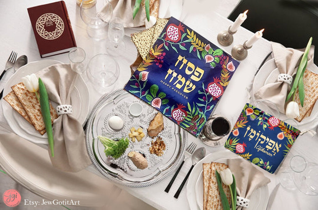 Matzah Set Cover, Afikomen Bag for Pesach Passover 7 Species of Art Israeli Jewish Holiday Decor by Israeli Artist Theme Seder Plate Matza