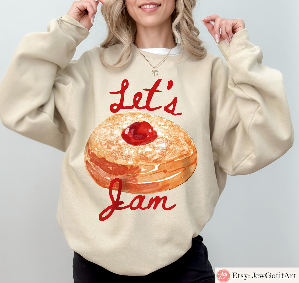 Hanukkah Sweatshirt Donut Hoodie | Let’s Jam Jelly Donut Shirt | Jewish Gift for Men & Women | Chanukah Israeli Artist Design Hanukkah Shirt
