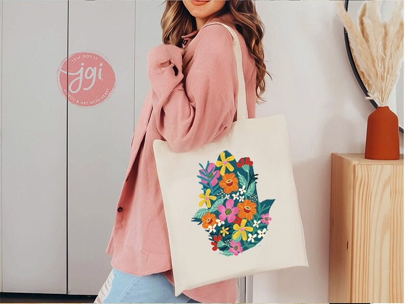 Hamsa tote bag, cotton bag, israel, Chamsa everyday bag, shopping bag, jewish gifts, Gift for her Israel art flower Art Jewish art Drawing