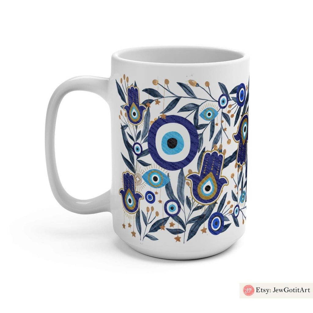 Evil Eye Hamsa Mug 11oz 15oz Am Yisrael Chai, jewish art coffee cup Ceramic Mug Israel jewish gift Rosh Hashanah Gift Israeli Eyes Art