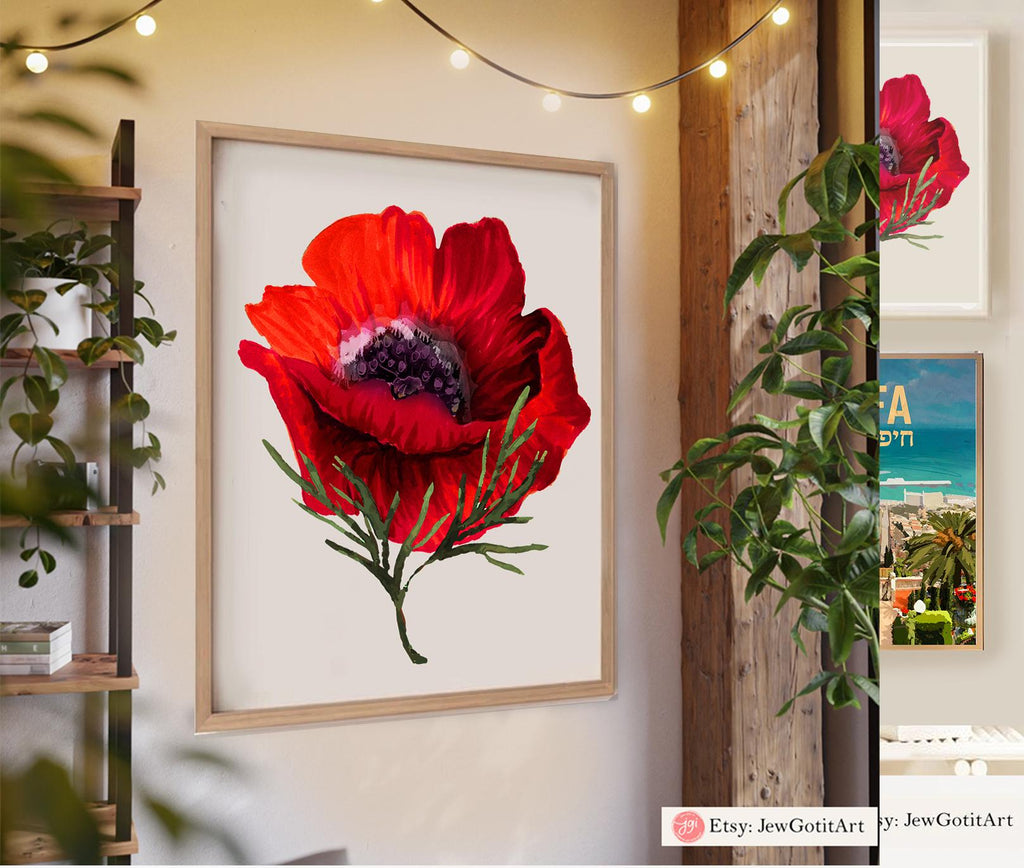 Kalanit Flower Wall Art Israel National Flower Jewish Gift Print Am Yisrael Chai Red poppy Red flower Jewish Gift Israel Art Am Yisrael Chai